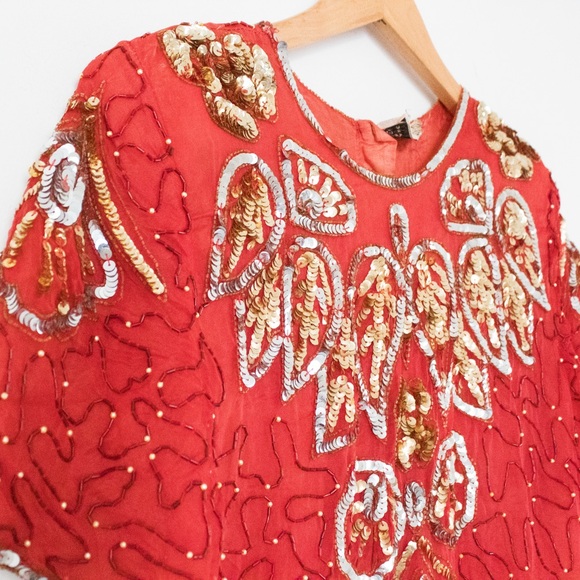 Star & Style | Vintage 80’s/90’s Red Short Sequin & Bead Trophy Dress | Size M - Picture 5 of 11